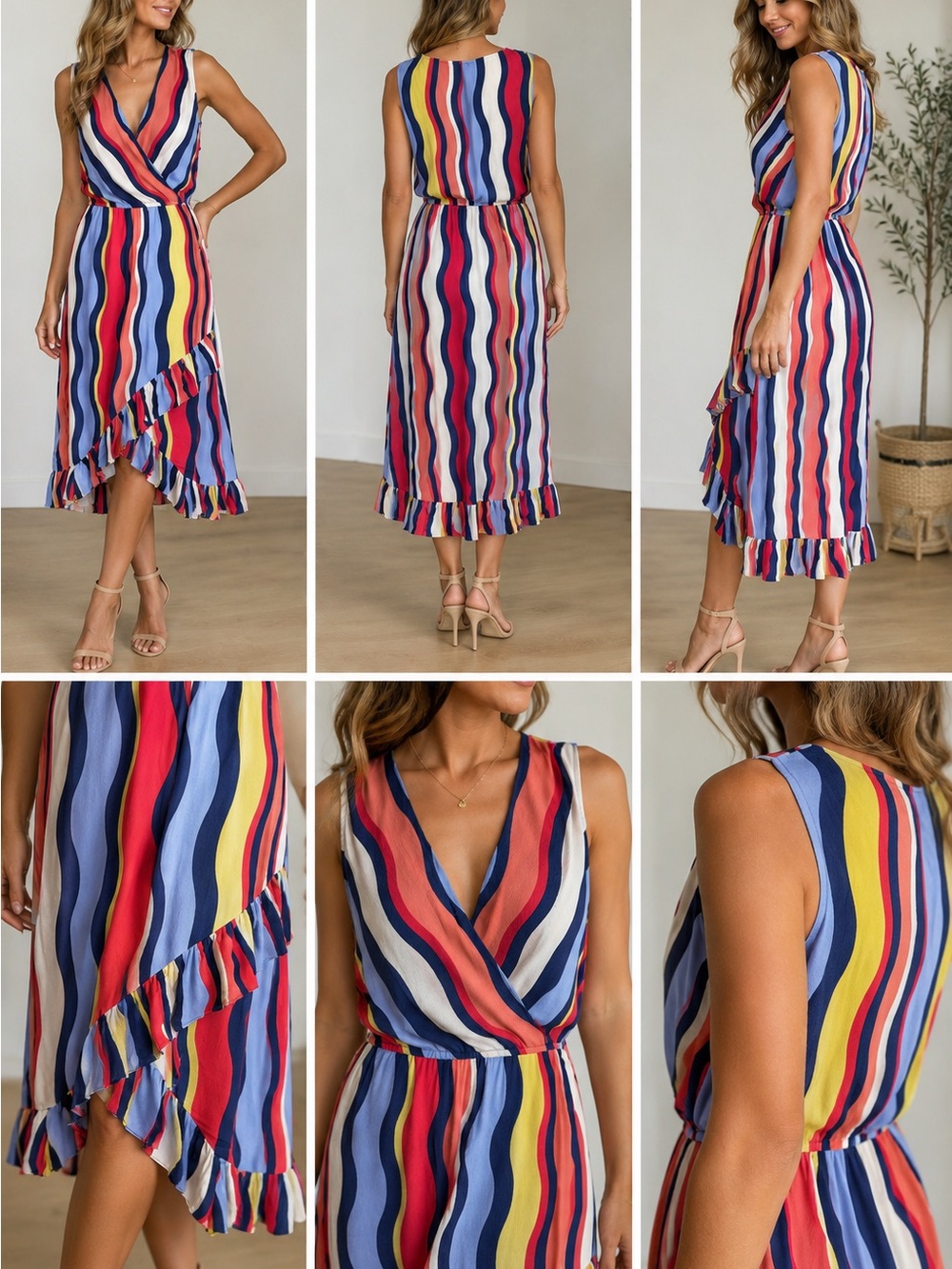 Tracy Reese Multicolor Striped Midi Dress - Red, Blue, Yellow, White
